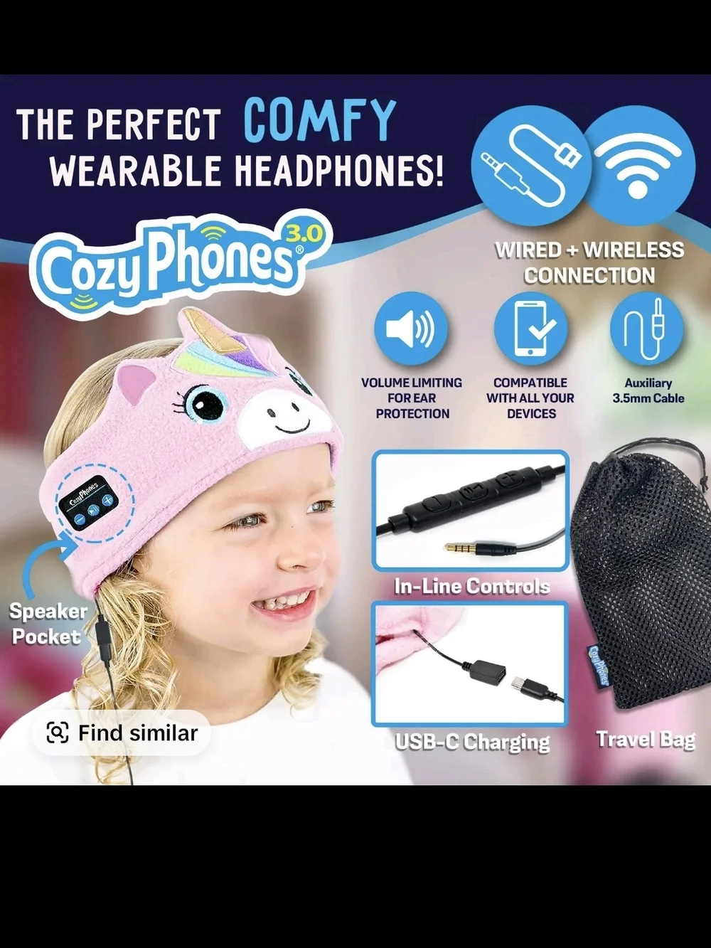 Kids Cozy Phones Plush Unicorn Headband with Built-In Headphones - Pink